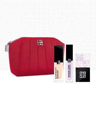 Givenchy Beauty red pouch with Prisme Libre Powder and Irresistible fragrance